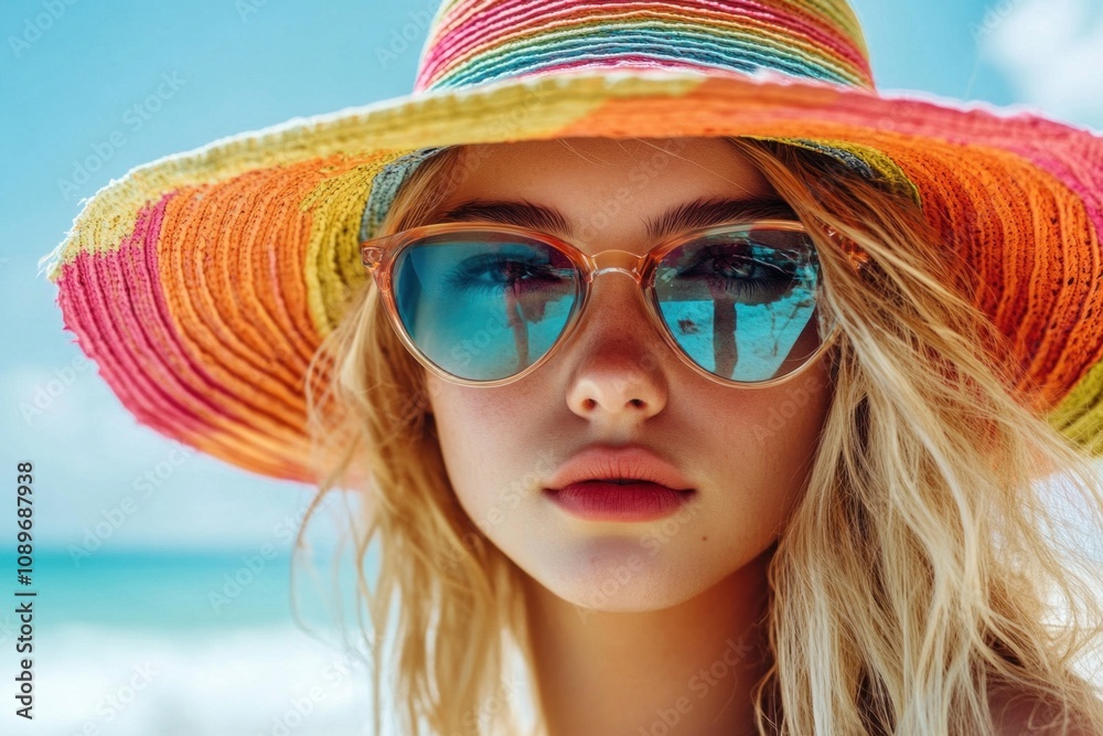Young woman wearing sunglasses and sunhat posing on beach Young woman wearing sunglasses and sunhat posing on beach