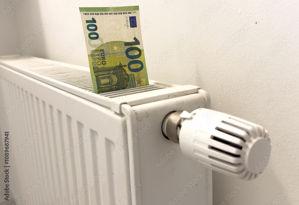 A heating radiator battery from which bills stick out. The concept of high heating expenses. Rise in energy prices, energy crisis and recession A heating radiator battery from which bills stick out. The concept of high heating expenses. Rise in energy prices, energy crisis and recession