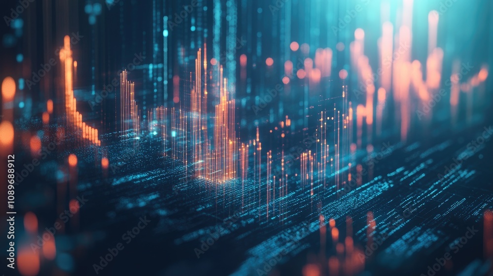 Fototapeta premium Abstract digital city skyline with glowing lines and data streams.