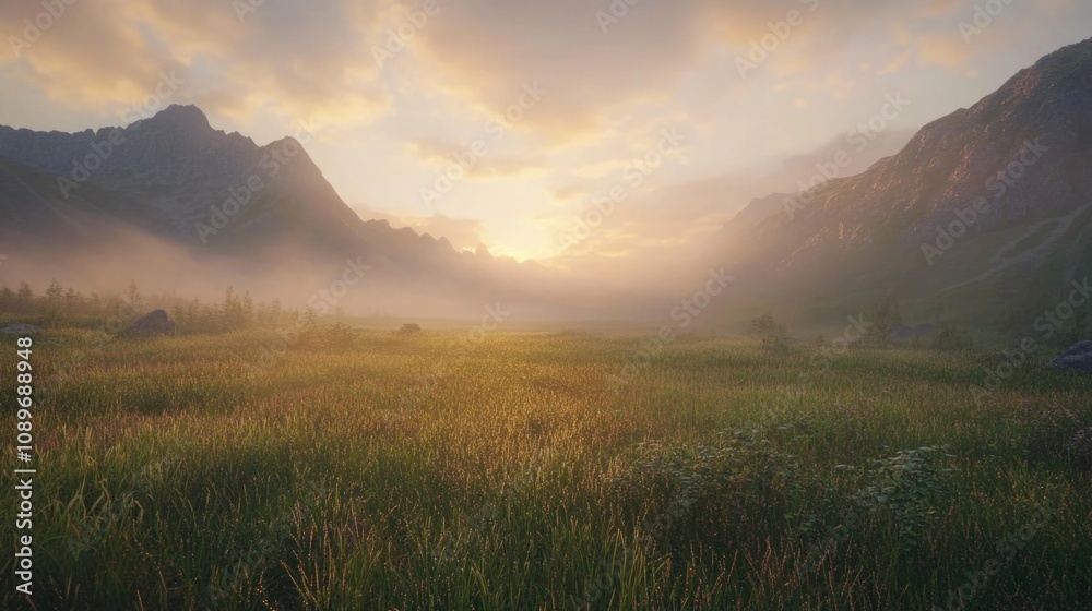 Fototapeta premium Grassy Field and Mountains