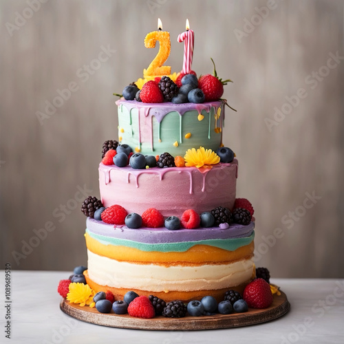 Celebrate a vibrant 21st birthday with this stunning tiered cake, adorned with fresh berries and colorful drips photo