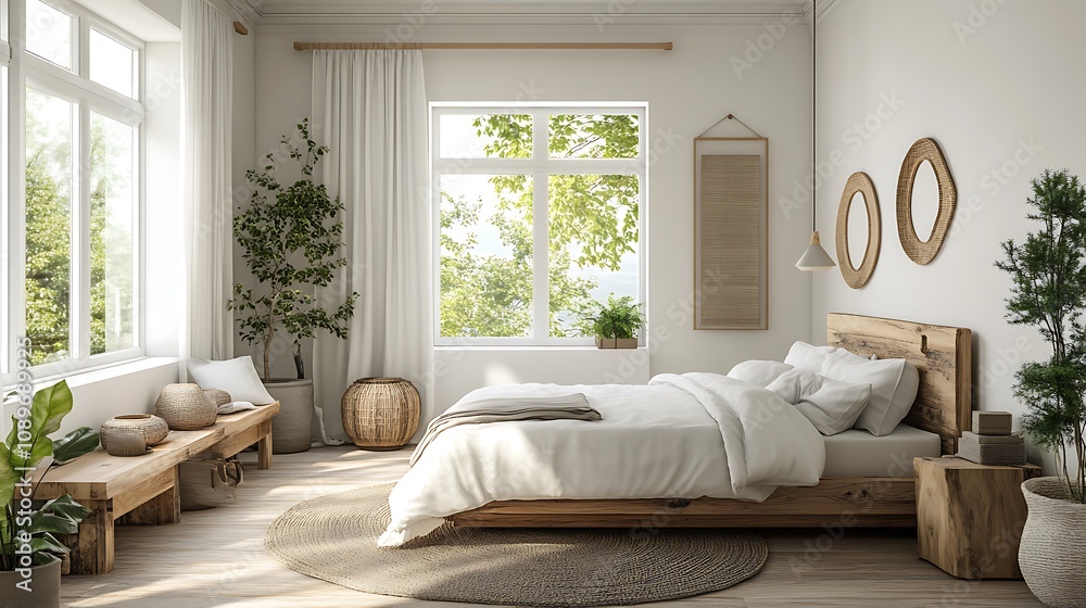 Fototapeta premium Beautiful Colored Mockup Bedroom Interior Blank Poster Decoration Art Background Image, generative AI