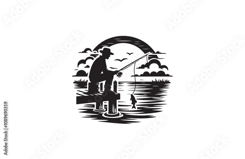 Fishing silhouette vector outline art illustration logo design
