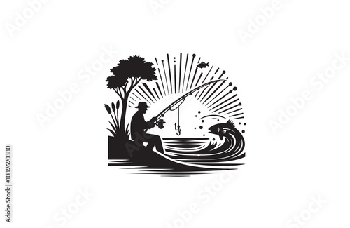Fishing silhouette vector outline art illustration logo design