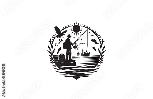 Fishing silhouette vector outline art illustration logo design