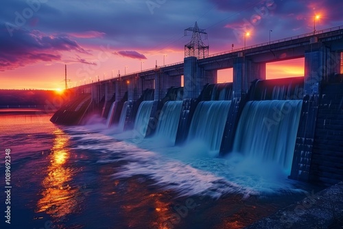 Dramatic sunset over a hydroelectric dam with rushing water cascading from the spillways at twilight photo