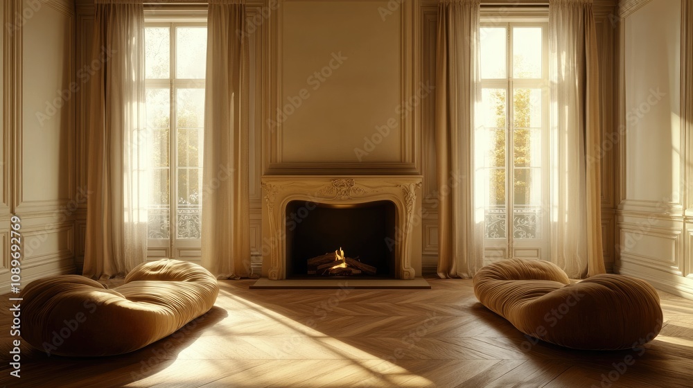 Fototapeta premium Sunlit living room with fireplace and plush seating.