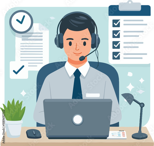 Flat illustration of operator of call center agent or customer service working in headphone and mic sitting at desk with laptop computer checklist and checkmark on a white background