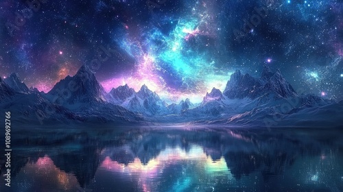 Serene mountain lake reflecting vibrant nebula and starry sky.