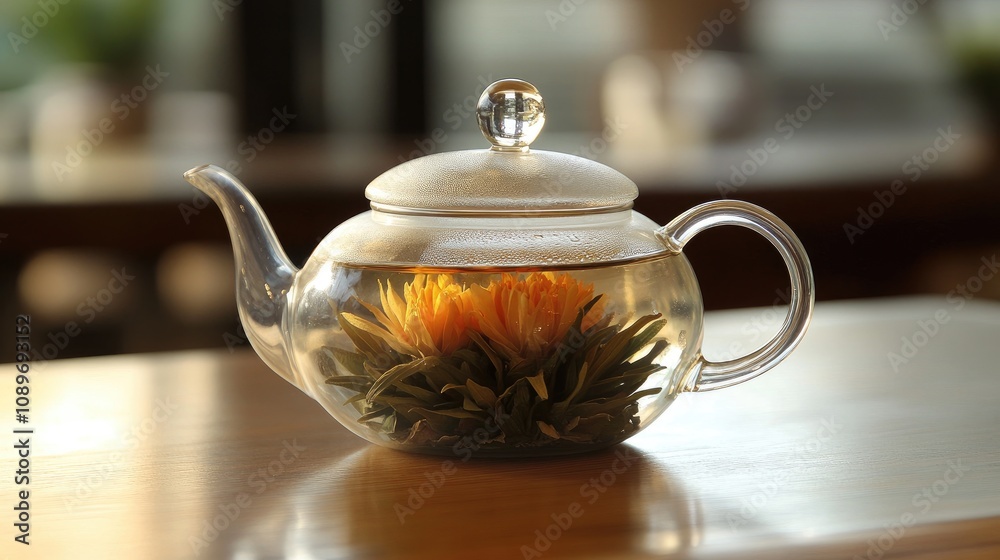 Elegant Glass Teapot Displaying Blooming Flower Tea Infusion on Wooden Table in Cozy Cafe Environment with Soft Natural Light Elegant Glass Teapot Displaying Blooming Flower Tea Infusion on Wooden Table in Cozy Cafe Environment with Soft Natural Light