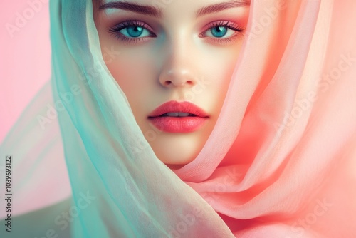 fashion photography, a graceful womans portrait with a silk scarf, set against a pastel background with room for text photo