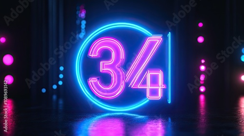 Neon 34 percent sign, glowing in dark.