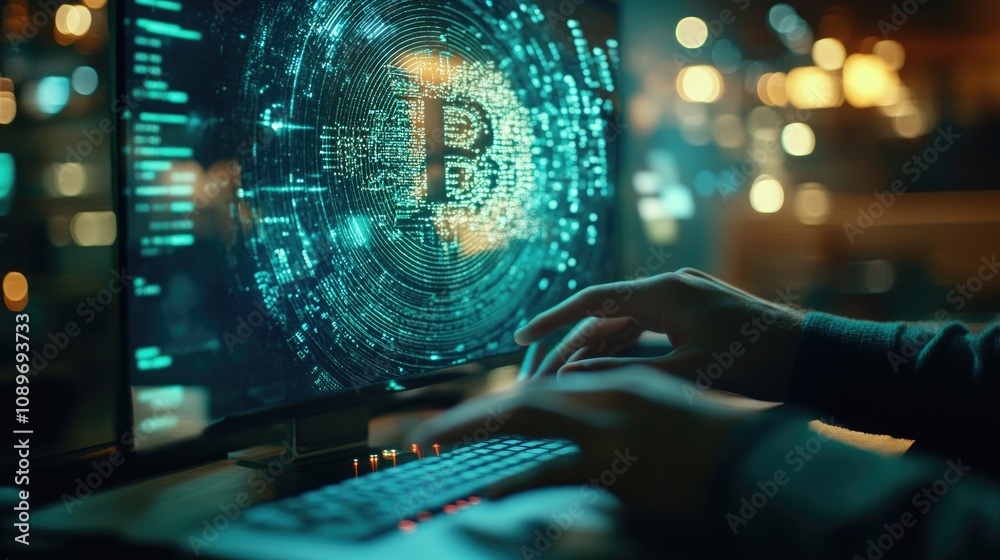 Fototapeta premium Hacker mining cryptocurrency on computer.