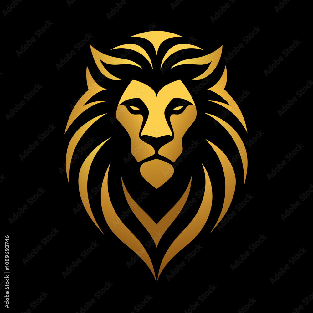 Obraz premium Premium Golden Roaring Lion Face Logo Radiating Luxury and Refinement in Elegant Vector Design
