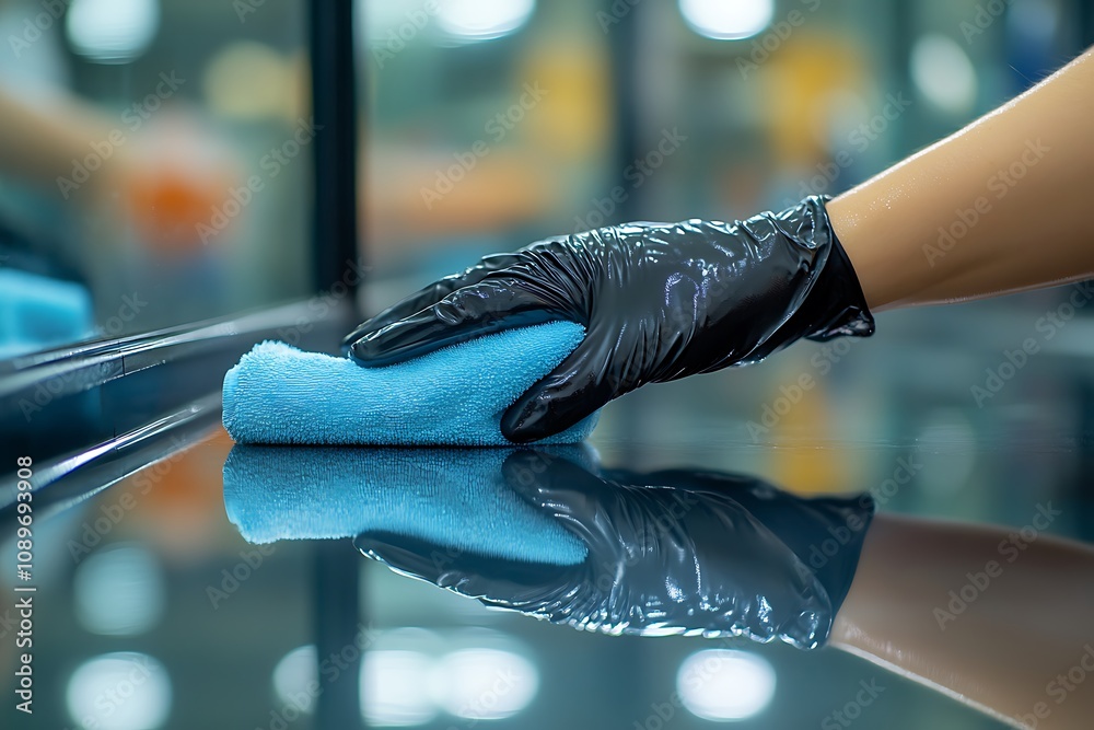A hand in a black glove cleaning a surface with a blue rag A hand in a black glove cleaning a surface with a blue rag
