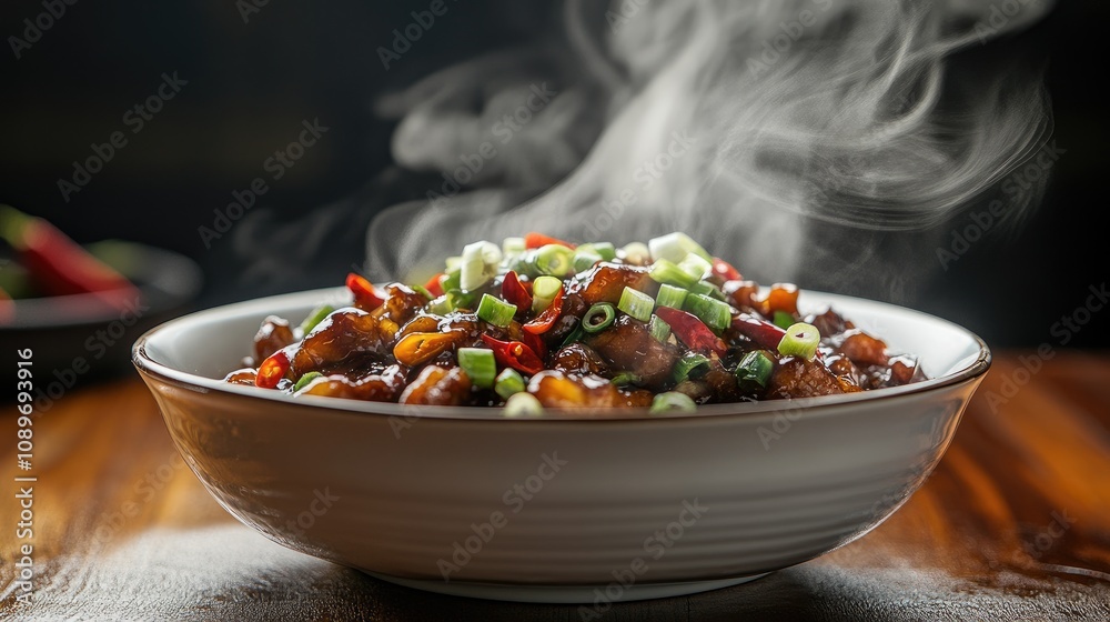Delicious Stir-Fried Chicken with Fresh Vegetables and Aromatic Steam Rising from a Bowl on a Wooden Table in a Cozy Restaurant Setting Delicious Stir-Fried Chicken with Fresh Vegetables and Aromatic Steam Rising from a Bowl on a Wooden Table in a Cozy Restaurant Setting