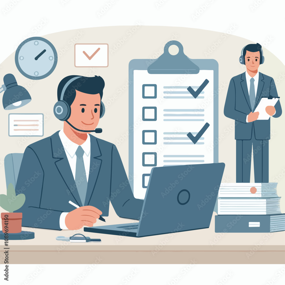 Flat illustration of operator of call center agent or customer service working in headphone and mic sitting at desk with laptop computer checklist and checkmark on a white background Flat illustration of operator of call center agent or customer service working in headphone and mic sitting at desk with laptop computer checklist and checkmark on a white background