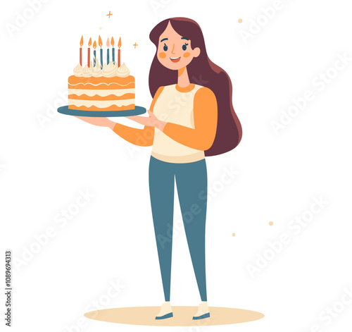 vector girl with cake and burning candles on white background .Generative AI