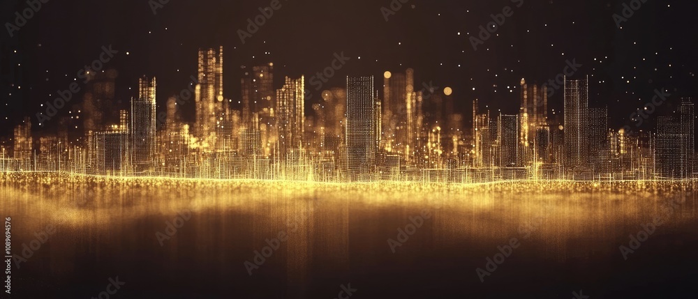 Obraz premium Golden futuristic city skyline at night. (1)