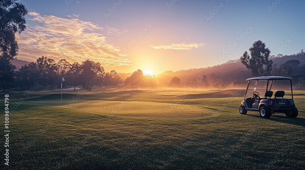 Serene Early Morning Golf Course at Dawn with Mist and Sunrise Backdrop, Perfect for Sports and Nature Enthusiasts Capturing Tranquil Outdoor Landscapes Serene Early Morning Golf Course at Dawn with Mist and Sunrise Backdrop, Perfect for Sports and Nature Enthusiasts Capturing Tranquil Outdoor Landscapes