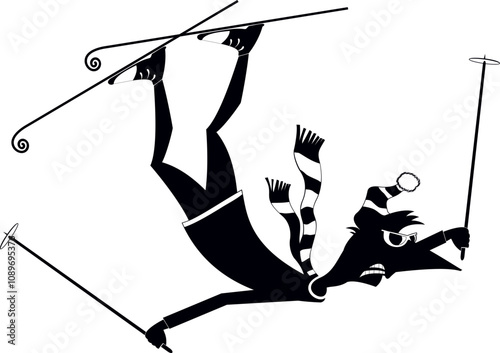 Falling down skier man. Winter sport. 
Cartoon man skiing. Black and white illustration
