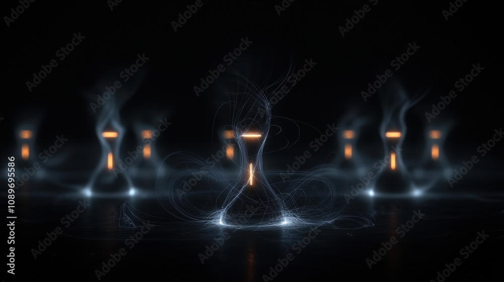 A series of glowing objects are arranged in a row A series of glowing objects are arranged in a row
