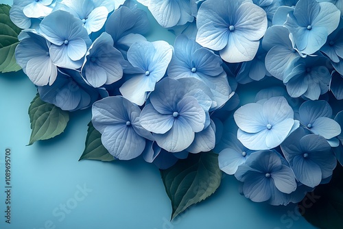 Blue hydrangea flowers on a blue background with green leaves photo