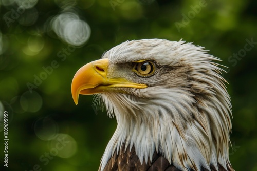 A majestic bald eagle perched against a blurred green background, showcasing its sharp beak and intense gaze during a sunny afternoon photo