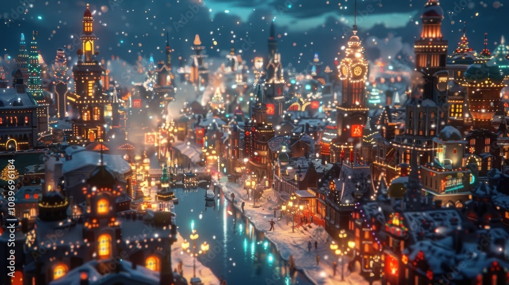Obraz premium A whimsical, snowy cityscape with twinkling lights, canals, and festive decorations.