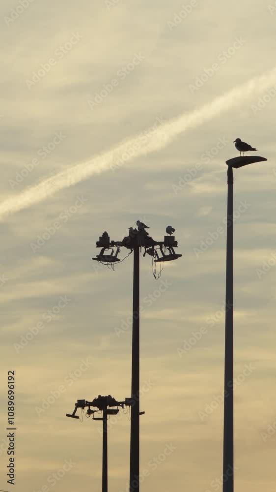 Seagull in a street lamp in industrial area at sunset Seagull in a street lamp in industrial area at sunset