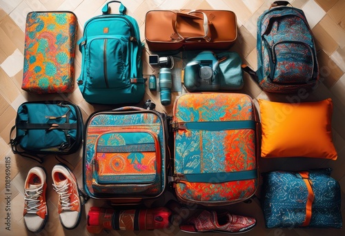 colorful travel gear displayed organized unpacking arrangement luggage delectable accessories adventurers, backpack, suitcase, outdoor, camping, hiking