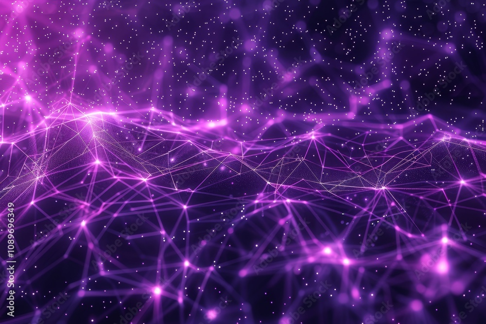 Fototapeta premium A vibrant purple network of glowing particles against a dark background representing digital connections and data flow in technology