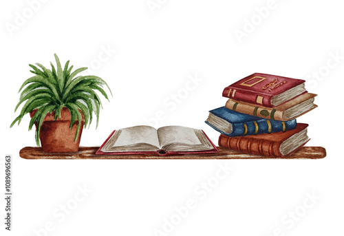 Watercolor open books shelf with house plant and book pages. Library book rows, stacks and plants on bookcase. Bookshop interior. Reading room in school, university, college. 