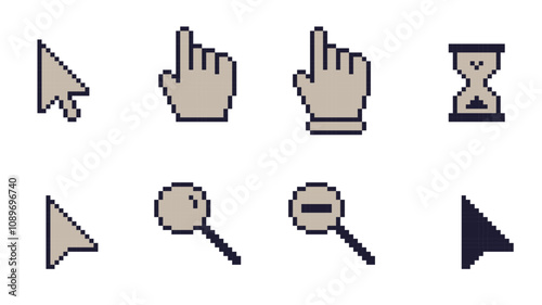 Pixel art computer mouse cursors and icons, Cursor icon set, cursor pointers, cursor mouse icon set, zooming icon set, hourglass, 8-bit, colorated cursor icon set. photo