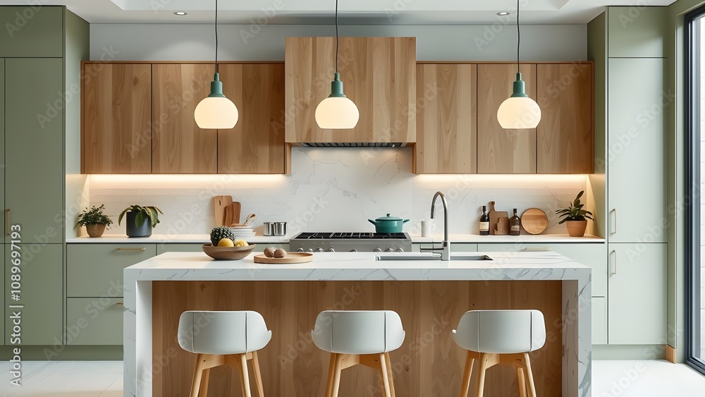 modern kitchen interior with a minimalist design. The layout features a central island with a light wooden finish and a white marble countertop, accompanied by two white bar stools with wooden legs. modern kitchen interior with a minimalist design. The layout features a central island with a light wooden finish and a white marble countertop, accompanied by two white bar stools with wooden legs.