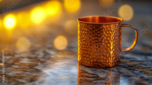 Hammered copper mug on granite countertop with warm ambient lighting photo