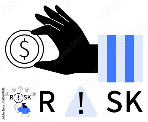 Hand holding coin, blue and white vertical graph, risk word with exclamation mark between letters, businessman thinking of risks. Ideal for financial advice, investment strategies, risk management