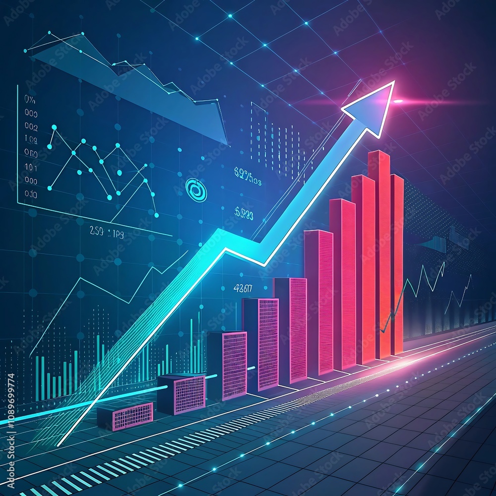 Naklejka premium A digital financial chart with glowing bar graphs, upward arrows, and global data visuals, symbolizing growth and global market trends in a neon futuristic design.
