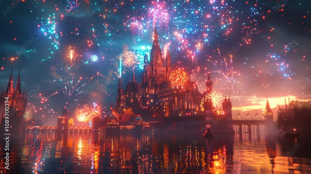 Fototapeta premium A majestic castle silhouetted against a vibrant fireworks display over a tranquil lake. The sky is awash with color and light, creating a magical atmosphere.