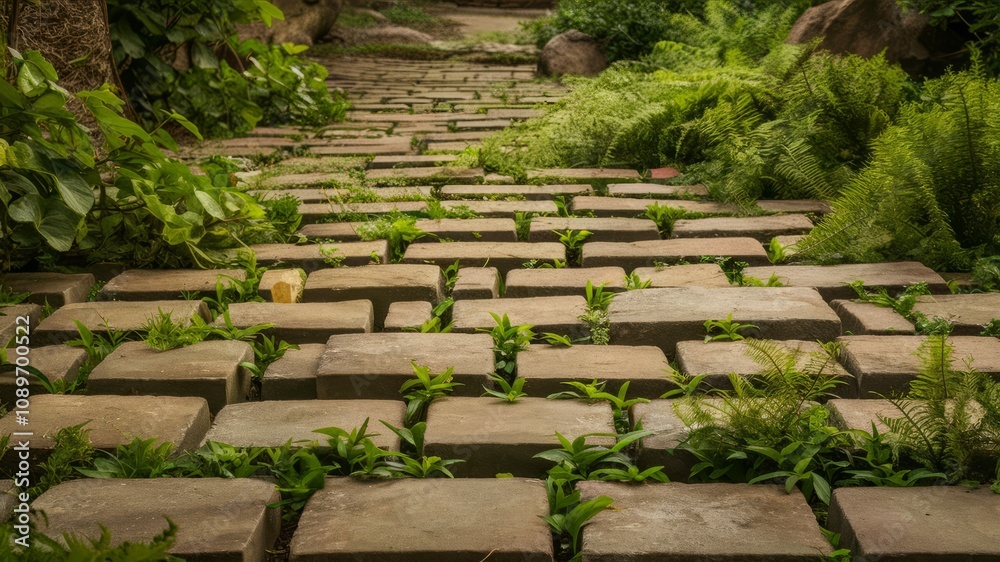 Stone Path in a Verdant Garden: A charming stone pathway, partially overgrown with lush greenery and vibrant plants, winds its way invitingly through a tranquil garden setting. Stone Path in a Verdant Garden: A charming stone pathway, partially overgrown with lush greenery and vibrant plants, winds its way invitingly through a tranquil garden setting.