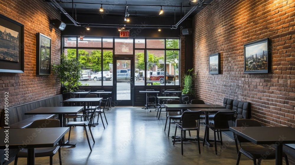 Fototapeta premium Modern cafe interior with exposed brick walls, tables, chairs, and large windows.