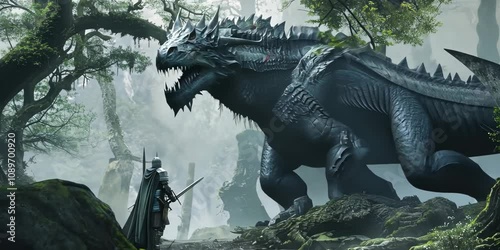 Brave knight facing off against a colossal dragon in a misty, ancient forest, swords clashing amidst swirling mist and ancient trees, 4K Video