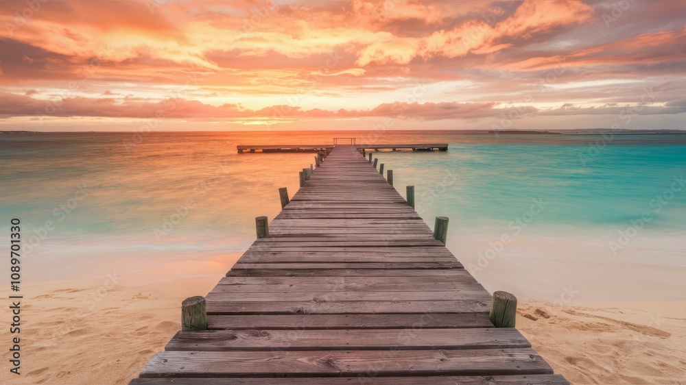 Fototapeta premium Pier to Paradise: A rustic wooden pier stretches towards a vibrant, colorful sunset over a calm ocean, creating a serene and inviting coastal scene.