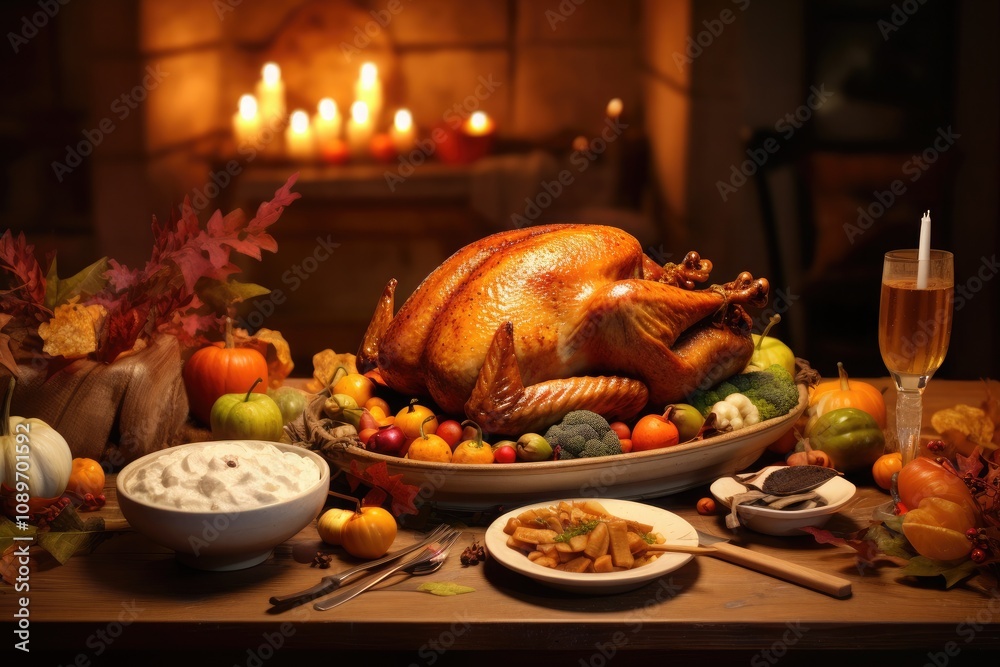 Thanksgiving. Table setting with turkey and traditional dishes Thanksgiving. Table setting with turkey and traditional dishes