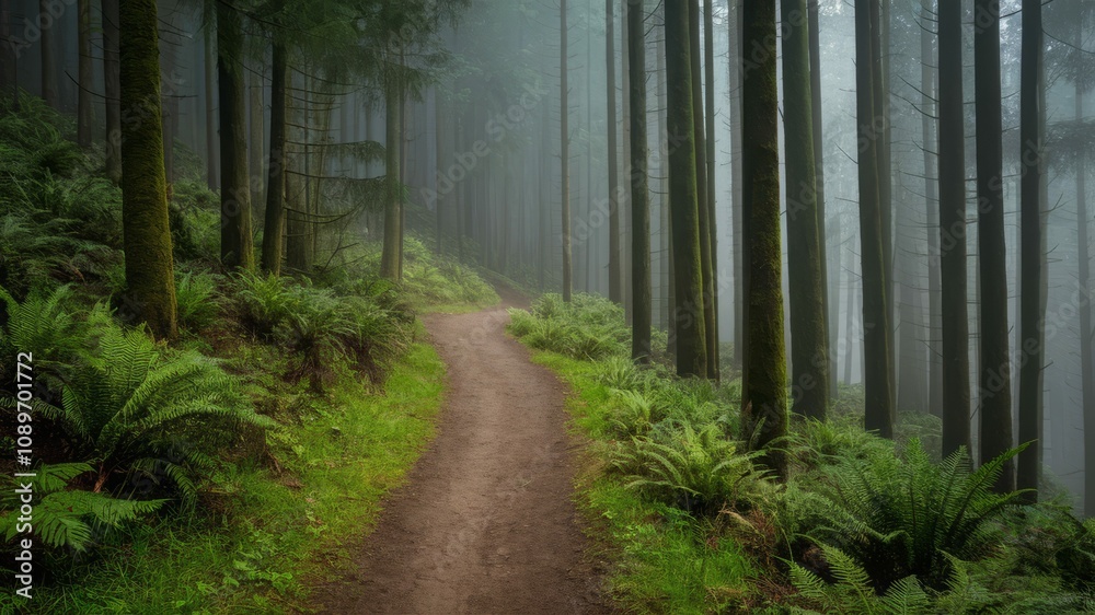 Naklejka premium Path through Foggy Forest: A winding path beckons through a dense forest, enveloped in a mystical fog. Towering trees create a sense of depth and mystery.