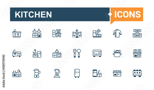 Kitchen icon set. Related to set, chopping, baking, cooking, silverware, pictogram, linear and more. Simple web icons. Vector line and solid icons.