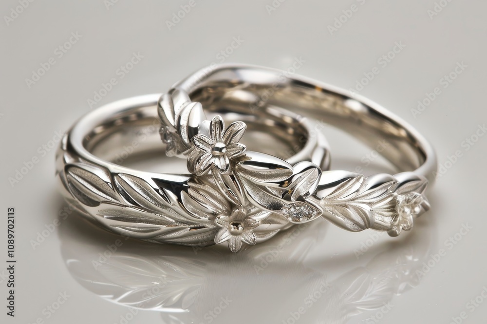 Elegant silver wedding rings designed with intricate floral patterns displayed on a reflective surface in a well-lit setting Elegant silver wedding rings designed with intricate floral patterns displayed on a reflective surface in a well-lit setting