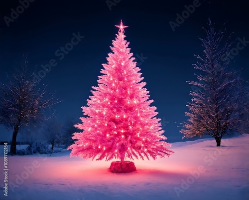 Pink Christmas tree shining in the night. photo