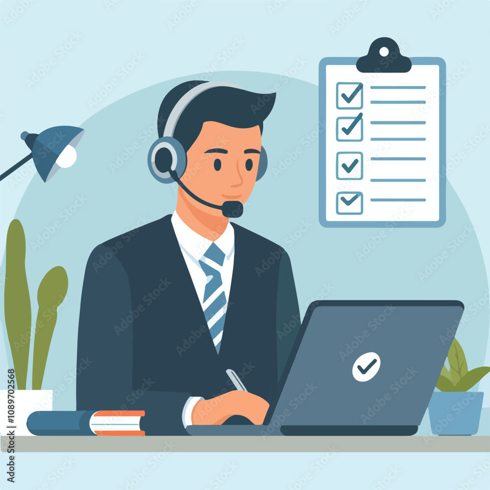 Flat illustration of operator of call center agent or customer service working in headphone and mic sitting at desk with laptop computer checklist and checkmark on a white background Flat illustration of operator of call center agent or customer service working in headphone and mic sitting at desk with laptop computer checklist and checkmark on a white background