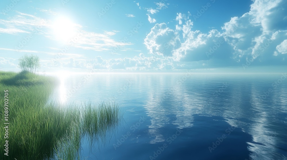 Fototapeta premium Serene Lakeside View With Sunny Sky And Lush Grass